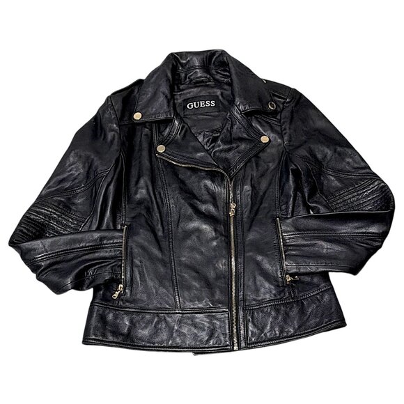 Guess Jacket Womens M Black Buttersoft Leather Moto Crop Goth Punk Biker Concert - Picture 1 of 16